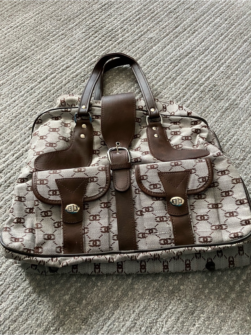 Brown Patterned Canvas Travel Tote Bag with Leather Trim